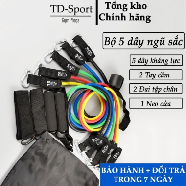 Bộ 5 Dây Kháng Lực Ngũ Sắc Cao Su Bền – Tập Thể Hình Tại Nhà, Móc Dù 150lb (68kg) – Giá Ưu Đãi 199.000₫