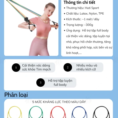 Bộ 5 Dây Kháng Lực Ngũ Sắc HUTI SPORT - Tập Full Body tại nhà, giảm còn 159.000₫ 2