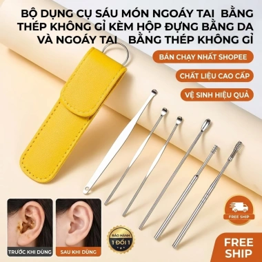Bộ 6 muỗng ngoáy tai thép không gỉ - dụng cụ vệ sinh tai chuyên nghiệp kèm túi đựng