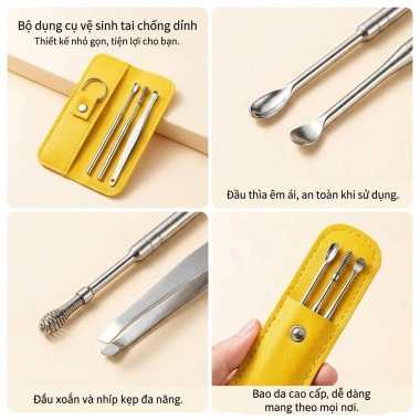 Bộ 6 muỗng ngoáy tai thép không gỉ - dụng cụ vệ sinh tai chuyên nghiệp kèm túi đựng 2