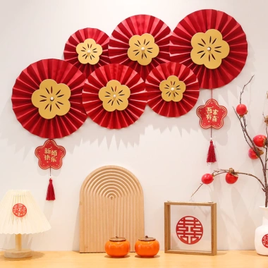 Bộ 6 Quạt Giấy Nhung Đỏ Gấp Sẵn - Trang Trí Tết Nguyên Đán Gắn Tường MY HOME 16.000₫ 7