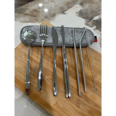 Bộ 7 món dụng cụ bàn ăn Inox 304, muỗng nĩa dao đũa ống hút kèm hộp, Hàn Quốc, giảm giá 2