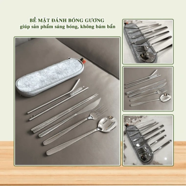 Bộ 7 món dụng cụ bàn ăn Inox 304, muỗng nĩa dao đũa ống hút kèm hộp, Hàn Quốc, giảm giá 4
