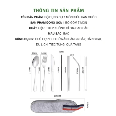 Bộ 7 món dụng cụ bàn ăn Inox 304, muỗng nĩa dao đũa ống hút kèm hộp, Hàn Quốc, giảm giá 5