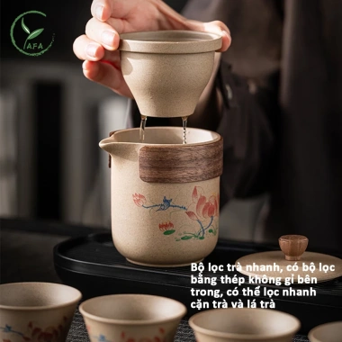 Bộ ấm chén trà cao cấp du lịch gốm có bộ lọc, hoa văn tinh tế - 149k