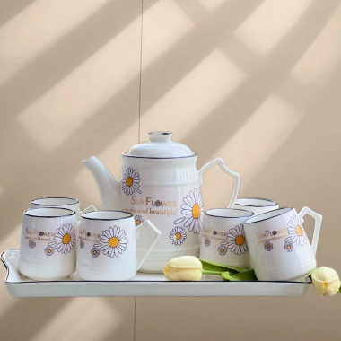 Bộ ấm sứ pha trà 1.5L + 6 cốc 145ml có quai + khay sứ đơn giản ABFAMILY 355.000₫ 2