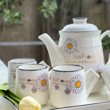 Bộ ấm sứ pha trà 1.5L + 6 cốc 145ml có quai + khay sứ đơn giản ABFAMILY 355.000₫ 4