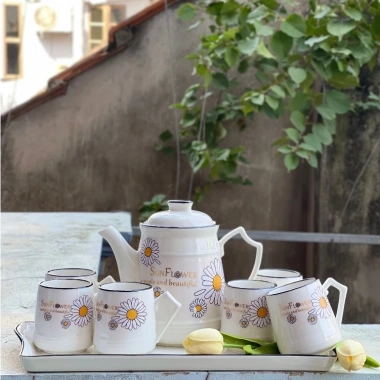 Bộ ấm sứ pha trà 1.5L + 6 cốc 145ml có quai + khay sứ đơn giản ABFAMILY 355.000₫ 7