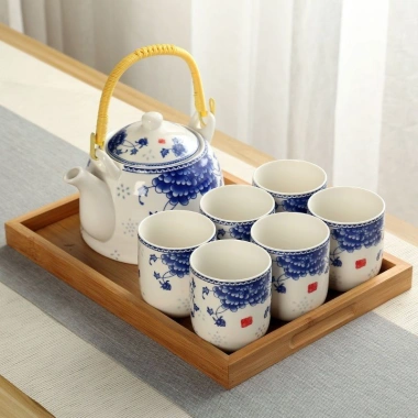 Bộ ấm trà gốm sứ lớn màu xanh trắng – Nồi Kung Fu 6 chén, giá ưu đãi 257.929₫