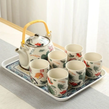 Bộ ấm trà gốm sứ lớn màu xanh trắng – Nồi Kung Fu 6 chén, giá ưu đãi 257.929₫