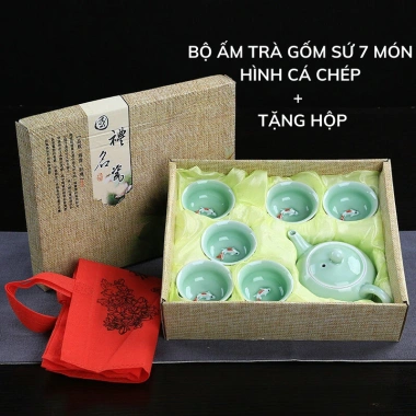 Bộ ấm trà men ngọc cá chép 3D nổi sắc nét – Gốm sứ cao cấp, hộp túi đẹp tặng biếu