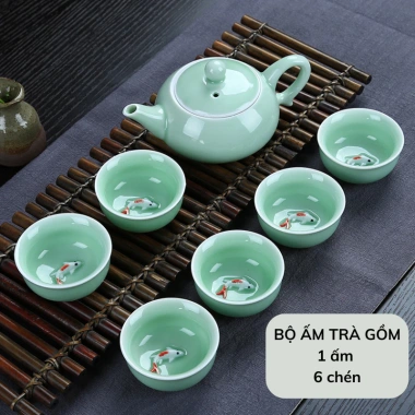 Bộ ấm trà men ngọc cá chép 3D nổi sắc nét – Gốm sứ cao cấp, hộp túi đẹp tặng biếu
