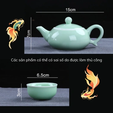 Bộ ấm trà men ngọc cá chép 3D nổi sắc nét – Gốm sứ cao cấp, hộp túi đẹp tặng biếu