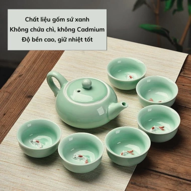 Bộ ấm trà men ngọc cá chép 3D nổi sắc nét – Gốm sứ cao cấp, hộp túi đẹp tặng biếu