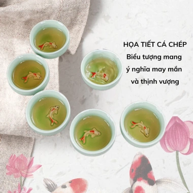 Bộ ấm trà men ngọc cá chép 3D nổi sắc nét – Gốm sứ cao cấp, hộp túi đẹp tặng biếu