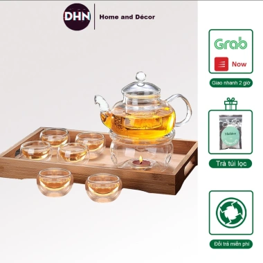 Bộ Ấm Trà Tết Bình Trà Hoa Cúc Thủy Tinh 6 Chén 600ml, Đế Nến Chịu Nhiệt, Lõi Lọc - 190.000 VND
