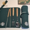 Bộ ăn Starbucks tay gỗ, thép không gỉ, túi xanh – 3 món di động cho sinh viên