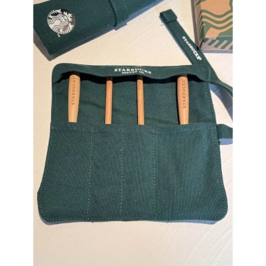 Bộ ăn Starbucks tay gỗ, thép không gỉ, túi xanh – 3 món di động cho sinh viên 3