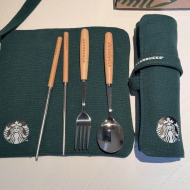 Bộ ăn Starbucks tay gỗ, thép không gỉ, túi xanh – 3 món di động cho sinh viên 9