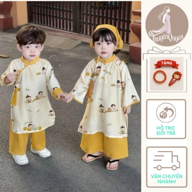 Bộ áo dài bé gái kèm quần Thuyền Quyên - Đôi áo dài tết họa tiết sắc nét, chỉ 199k