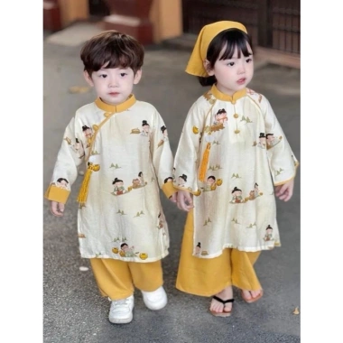 Bộ áo dài bé gái kèm quần Thuyền Quyên - Đôi áo dài tết họa tiết sắc nét, chỉ 199k 3