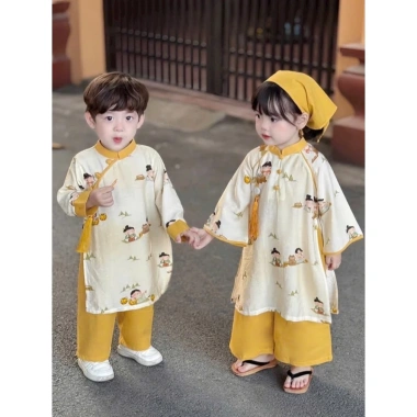 Bộ áo dài bé gái kèm quần Thuyền Quyên - Đôi áo dài tết họa tiết sắc nét, chỉ 199k 6