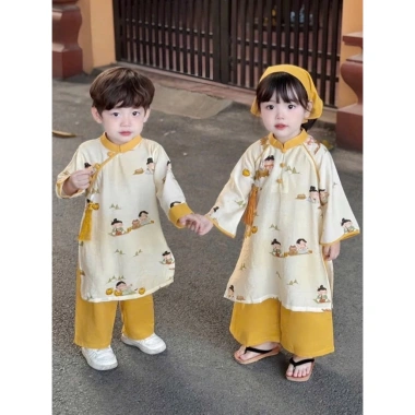 Bộ áo dài bé gái kèm quần Thuyền Quyên - Đôi áo dài tết họa tiết sắc nét, chỉ 199k 7