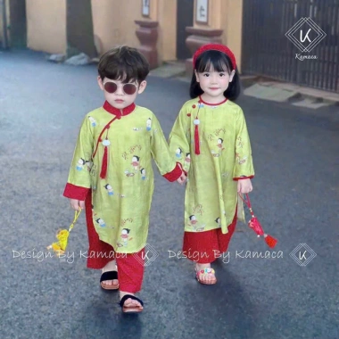 Bộ áo dài cặp DIÊN VĨ xanh rêu cho bé gái, tặng bờm, phù hợp lễ hội Tết, chỉ 189.000đ 2
