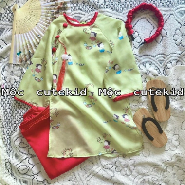Bộ áo dài cặp DIÊN VĨ xanh rêu cho bé gái, tặng bờm, phù hợp lễ hội Tết, chỉ 189.000đ 6