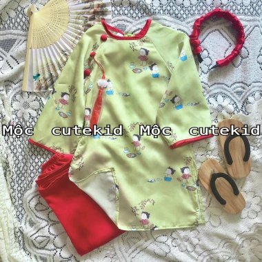 Bộ áo dài cặp DIÊN VĨ xanh rêu cho bé gái, tặng bờm, phù hợp lễ hội Tết, chỉ 189.000đ 7