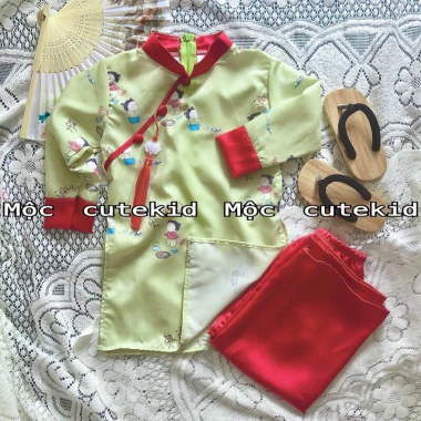 Bộ áo dài cặp DIÊN VĨ xanh rêu cho bé gái, tặng bờm, phù hợp lễ hội Tết, chỉ 189.000đ 8