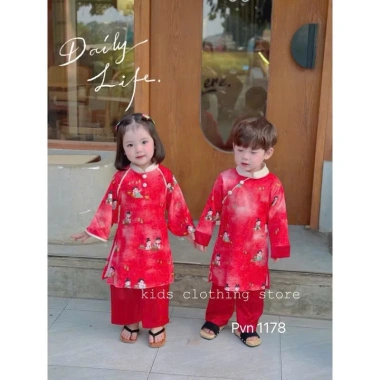 Bộ Áo Dài Cặp Như Ý TẾT 2.025 - Lụa Vân Mây, Quà Tặng Bé Trai Bé Gái, 110k 3