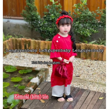 Bộ Áo Dài Đôi Anh Em 7-35kg - Áo Dài Đỏ + Hân Nghiên Đỏ kèm Bờm, Trang Phục Lễ Hội, Lễ Tết Giá ưu đãi 198k 8
