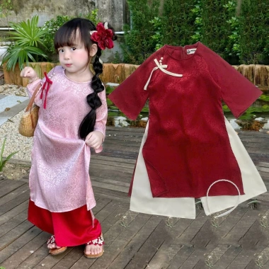 Bộ áo dài tết bé gái 12-40kg chất gấm kèm quần, giá ưu đãi cho buổi chụp Tết