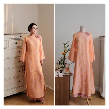 Bộ Áo Dài Thanh Ca Tơ Ánh Cao Cấp Màu Cam Cổ Tròn Cúc Tết Nơ Đà Sang Trọng - Giá chỉ 695.900 VND