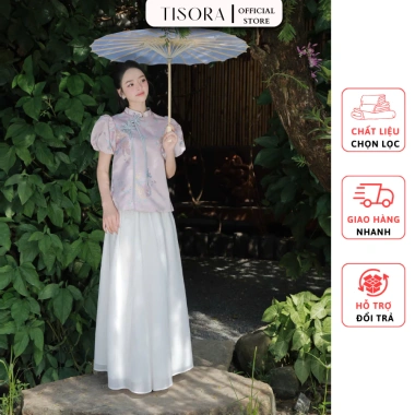 Bộ áo gấm hoa Tisora tay phồng đính hoa + chân váy Set Tết sang trọng, chỉ 442k