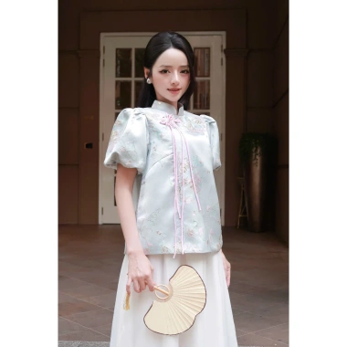 Bộ áo gấm hoa Tisora tay phồng đính hoa + chân váy Set Tết sang trọng, chỉ 442k