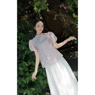 Bộ áo gấm hoa Tisora tay phồng đính hoa + chân váy Set Tết sang trọng, chỉ 442k