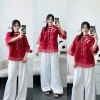 Bộ bà ba nữ lễ tết áo chất tơ thêu cổ tàu tay lửng + quần dài ống rộng tuyết nhung siêu thoải mái 197k