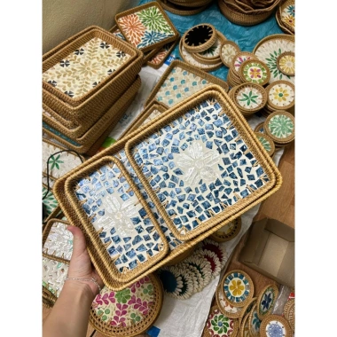 Bộ ba khay mây khảm trai đa năng – Đựng đồ ăn, bánh mì sang trọng, trang trí không gian – 75.000