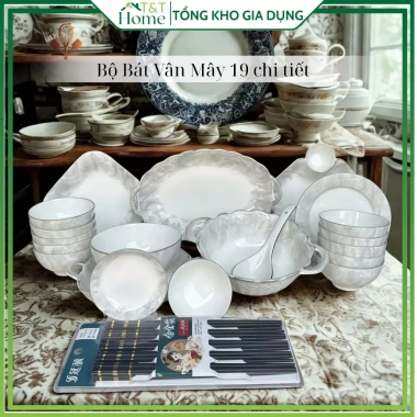 Bộ Bát Đĩa Vân Mây 19 Chi Tiết - Kèm 10 Đôi Đũa & Môi Canh Sứ, Giá Giảm 459k