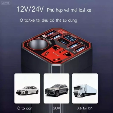 Bộ biến đổi nguồn ô tô 12V/24V sang 220V hiển thị số, sạc USB và Type-C đa năng 2
