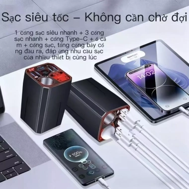 Bộ biến đổi nguồn ô tô 12V/24V sang 220V hiển thị số, sạc USB và Type-C đa năng 3