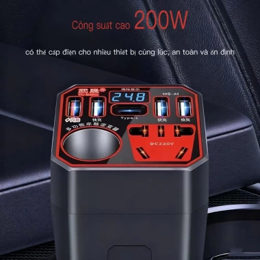 Bộ biến đổi nguồn ô tô 12V/24V sang 220V hiển thị số, sạc USB và Type-C đa năng 6