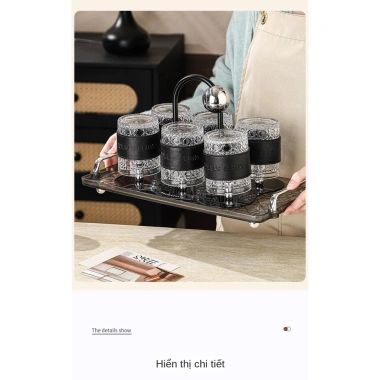 Bộ bình cốc thủy tinh Muen bọc da, uống nước trà cà phê, chịu nhiệt, kèm giá úp decor, giá ưu đãi