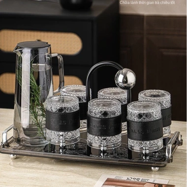 Bộ bình cốc thủy tinh Muen bọc da, uống nước trà cà phê, chịu nhiệt, kèm giá úp decor, giá ưu đãi