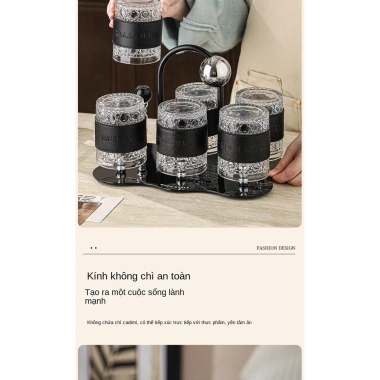 Bộ bình cốc thủy tinh Muen bọc da, uống nước trà cà phê, chịu nhiệt, kèm giá úp decor, giá ưu đãi
