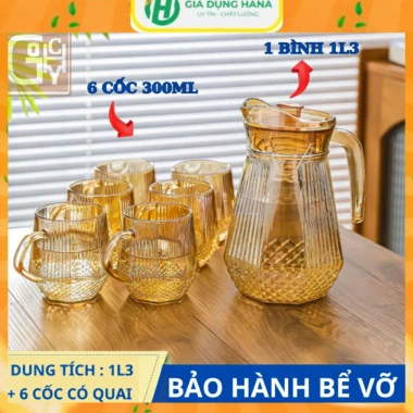Bộ bình nước + 6 cốc thủy tinh chịu nhiệt, quay, sang trọng, chỉ 159.000₫