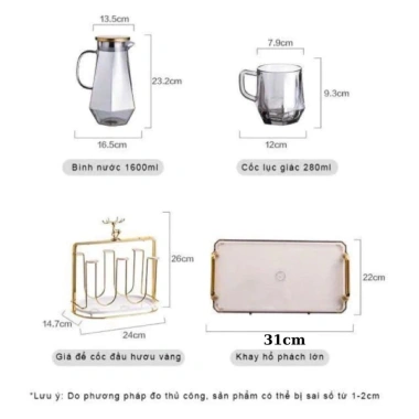 Bộ bình nước + 6 cốc thủy tinh chịu nhiệt, quay, sang trọng, chỉ 159.000₫
