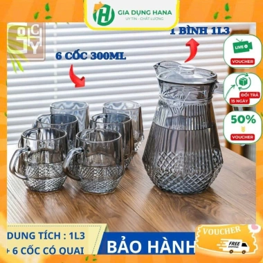 Bộ bình nước + 6 cốc thủy tinh chịu nhiệt, quay, sang trọng, chỉ 159.000₫